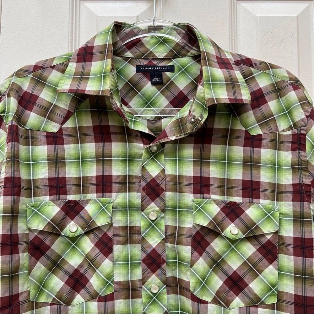 Banana Republic Green Brown Plaid Western Pearl Snap Shirt Boho Cowboy Grunge